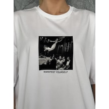 Manıfest Yourself Baskılı Oversize Tişört Beyaz