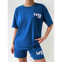 Love Yourself T-shirt Şort - Saks Mavi Alt Üst Kombin Şort Tişört Takım Baskılı Bisiklet Yaka Saks Mavi