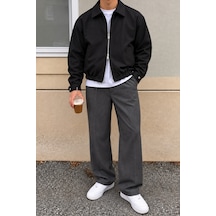 Tarz Cool Erkek Oversize Çift Yönlü Fermuarlı %100 Pamuk Ceket Rahat Kalıp, Lastikli Bel, Günlük Ve Casual Stil Siyah