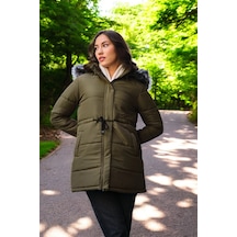 Kışlık Orta Boy Kapüşonlu Kürklü Şişme Kadın Mont Haki