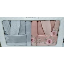 Özdilek Mariposa Gri Pembe Nakışlı Aile Bornoz Seti Özdilek Bo...