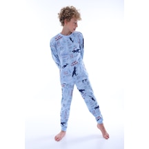 Bunny Hopp Dinozor Desenli %100 Pamuklu Erkek Çocuk Pijama Takımı - Mavi Penye Mevsimlik Takım Açık Mavi