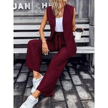 Defymoda Kadın Kolsuz Önü Açık Yakalı Cepli Janjan Krep Yelek Ve Pantolon Ikili Takım Bordo