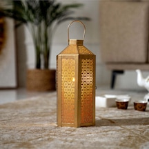 Altın Metal Kesim Desenli Fener 30 Cm, Modern Tasarım Çok Renkli