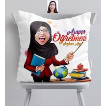 Kişiye Özel Tesettürlü Bayan Öğretmen Karikatürlü Saten Yastık - (382667826)