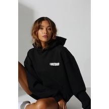 Blackjack Giyim Kadın Siyah Whrstbhvr Baskılı Kapüşonlu Sweatshirt Siyah