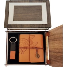 Mey İthalat Özel Ahşap Kutulu Taba Deri Defter Ve Anahtarlık Set