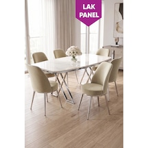 Peras Serisi 90x160 Lak Panel Beyaz Mermer Desen Krom Ayaklı Masa Takımı 6 Sandalye Beyaz Mermer Masa Krem Sandalye