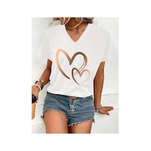 Tarzsokak Kadın Gold Kalp Baskılı Beyaz V Yaka T-shirt Baskılı Oversize