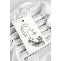 316l Çelik Halka Figürlü Ve Zirkon Taşlı Gümüş Renk 7'li Çift Kadın Küpe Set - Tj-bkp10637 Çok Renkli