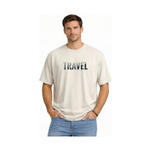 Unisex Travel Baskılı Oversize Tişört %100 Pamuk Bisiklet Yaka Günlük Streetwear T-shirt Bej