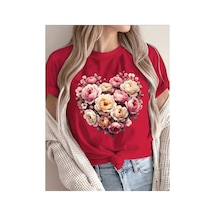 Herkesemoda Kalp Çiçekler Baskı Detaylı Basic T-shirt Kırmızı