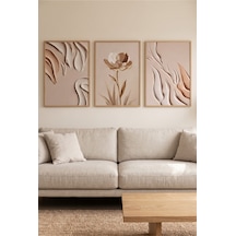 Doğal Ahşap Çerçeveli Bej Çiçek Ve Soyut Minimalist Üçlü Duvar Tablosu Modern Dekorasyon Kabartma Görünümlüdür Bej