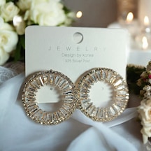 Taşlı Yuvarlak Küpe Gümüş Gold - Gümüş