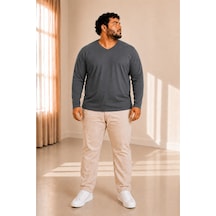 Sngl Tekstil Erkek Büyük Beden Oversize Uzun Kollu V Yaka T-shirt 3xl 4xl 5xl 6xl 7xl 8xl 9xl Gri Antrasit