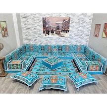 Coton Şark Köşesi Milas Desenli Minder, Kilim, Orta Puf Turkuaz