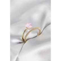 Gold Renk Zirkon Taşlı Pembe Halley Model Kadın Yüzük Çok Renkli