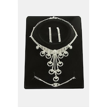 Halka - 224 - Taşlı Lüks Set Kolye - Nazblsmm - Gümüş Rengi