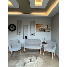 Azra Mobilya Azra Aksesuar Çay Seti Oturma Grubu, Puffy Kumaş, Koltuk Takımı, Ahşap Ayak, Balkon Bahçe Mobilyası Açık Gri