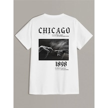 Kadın Siyah Oversize %100 Pamuk Chicago 1898 Sırt Baskılı T-shirt Beyaz