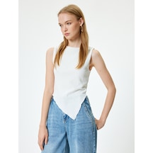 Koton Kolsuz Bluz Bürümcük Asimetrik Kesim Bisiklet Yaka Slim Fit Ekru 4sal30338ık