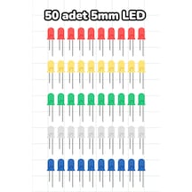 50 Adet 5mm Led Seti - 5 Renk Kırmızı, Sarı, Yeşil, Beyaz, Mavi
