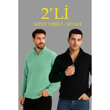 Erkek Fitilli Triko Kazak 2 Li Set Mint Yeşili - Siyah, Kalın Dokuma Pamuklu Regular Fit V Yaka Fermuarlı Uzun Kollu Rahat Kışlık Kazak Kombini Mintyeşili-siyah