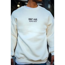 Yake Store Oversize Bisiklet Yaka Üç İplik Baskılı Sweatshirt - Beyaz - Beyaz
