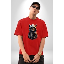 Hip Hop Gençlik Kedi Çeket Pamuklu Bisiklet Yaka Unisex Oversize Boyfriend Dijital Baskılı Kırmızı T-shirt Kırmızı