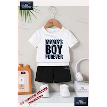 Ss Sinser Çocuk Unısex Mamas Boy Yazılı Özel Baskılı Bisiklet Yaka Tişört - Şort Alt - Üst Çocuk Takım Renk:beyaz/sıyah