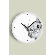 Sevimli Kedi Temalı Modern Duvar Saati - 42cm - Önü Camlı Beyaz Kasa - Sessiz Mekanizma Beyaz