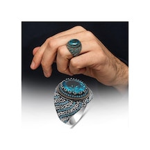 Oval Aqua Mavi Taşlı 925 Gümüş Erkek Yüzük Beyaz