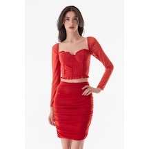 Fullamoda Tül Detaylı Kalp Yaka Crop Bluz- Kırmızı 24YGB5949205239-Kırmızı