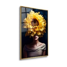 Ayçiçeği Başlıklı Kadın Gold Çerçeveli Cam Tablo