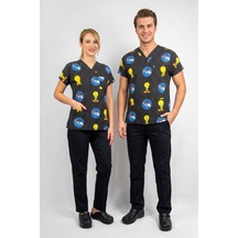 Unisex Likralı Tweety Desenli Cerrahi Forma Takımı Hemşire Doktor Scrubs Medikal Üniforma Siyah Siyah