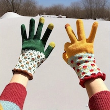 Elmpaly Pembe Kışlık Bisiklet Kayak Eldiveni Çiçek Desenli Rüzgar Koruma Dokunmatik