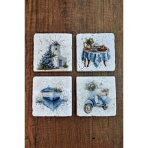 Doğal Taş Bardak Altlığı - Nostalji Temalı Mavi Tonlar - Stone Coasters Çok Renkli