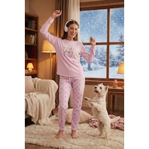 Lela Streç Standart Fit Bisiklet Yaka Desenli Bayan Pijama Takımı 6095700 Açık Pembe