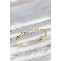 Gold Renk Gemi Zinciri Model Zirkon Taşlı Kadın Kelepçe Bileklik Altın