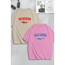 Unisex Kadın Erkek I'm Sally & Mcqueen Cars Baskılı Sevgili Çift Kombini Tasarım Oversize Tshirt 2li Bej Pembe Mck0456 Çok Renkli
