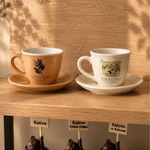 Art Porselen Espresso Fincan Takımı, 2'li Set, 90 Cc, Kahve Temalı Botanik Desenli Bej Diğer