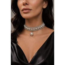 İnci Ve Zirkon Taşlı Choker Kolye Gümüş Renk Zarif Kadın Gerdanlık Gümüş - 900251357 Gümüş