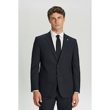Sabri Özel Erkek Lacivert Dar Kesim Slim Fit Viskon Çizgili Mono Yaka 6 Drop Takım Elbise
