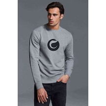 Minimalist Logo Baskılı Gri Melanj Erkek Örme Sweatshirt
