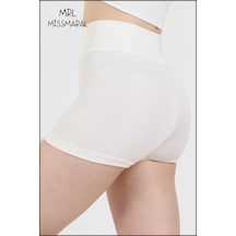 Missmaral Kadın Ekru Comfort Fit Yüksek Bel Toparlayıcı Mini Şort Boxer Likralı Kumaş Havuz Deniz Spor Ekru