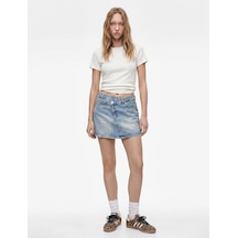 Koton Pamuklu Cepli Düğmeli Asimetrik Mini Denim Etek Orta İndigo 6sal70041md