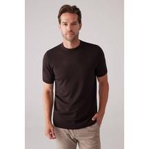 Erkek Kahverengi Slim Fit Bisiklet Yaka Yazlık Triko Tişört