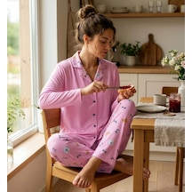 Pijamoni Kadın Premium Milan Kumaş Gömlek Yaka Uzun Kollu Pijama Takımı Desenli Pembe