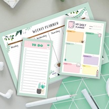 Haftalık, Günlük Planlayıcı Set - 50 Sayfa Tarihsiz Masaüstü Planner - Gençler, Kızlar, Yetişkinler İçin To Do List - 3 Parça - Green Serisi Çok Renkli