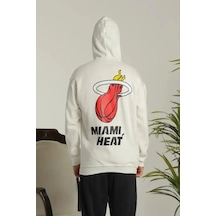 Erkek Oversize Üç İplik Kapüşonlu Sweatshirt Sırt Ve Ön Baskılı, Kanguru Cepli, Rahat Kalıp Maskot Beyaz